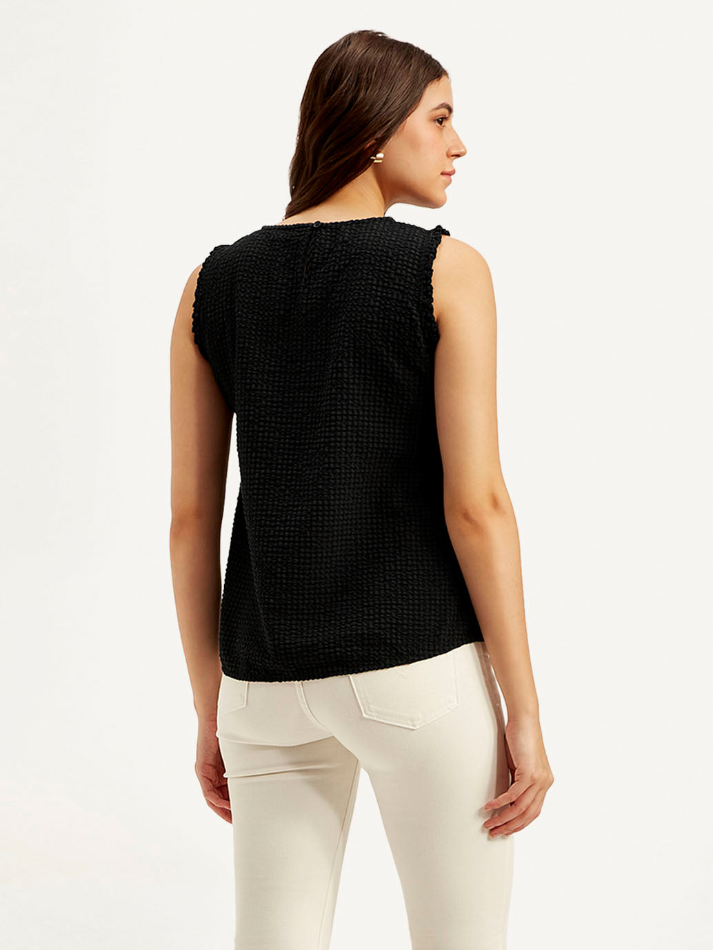 Women's Textured Black Round Neck Top - Back View