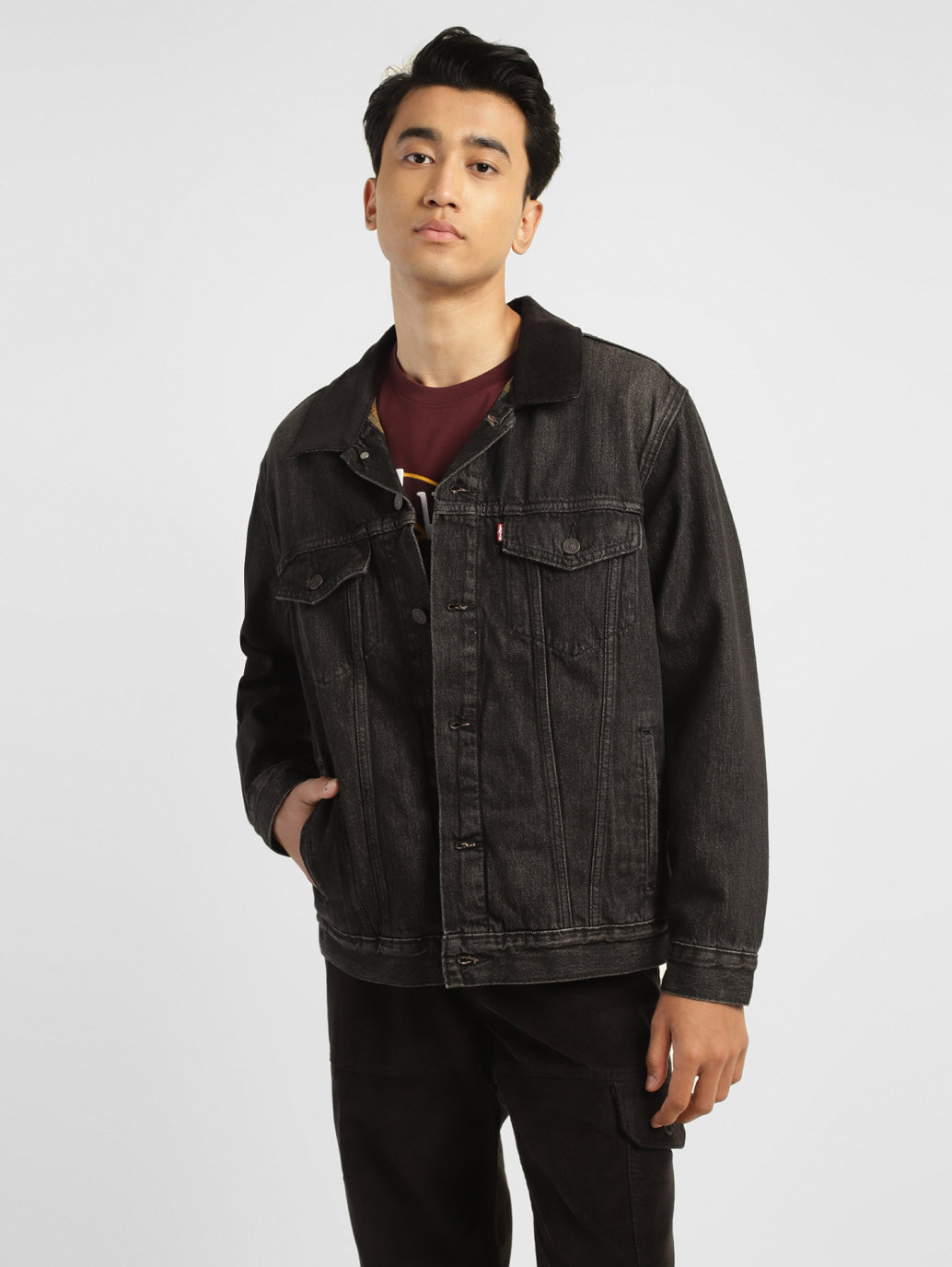 Men's Solid Black Collar Neck Trucker Jacket - 6b57fb4e-eba2-4056-803e-b5aa6a7e4cc8 View