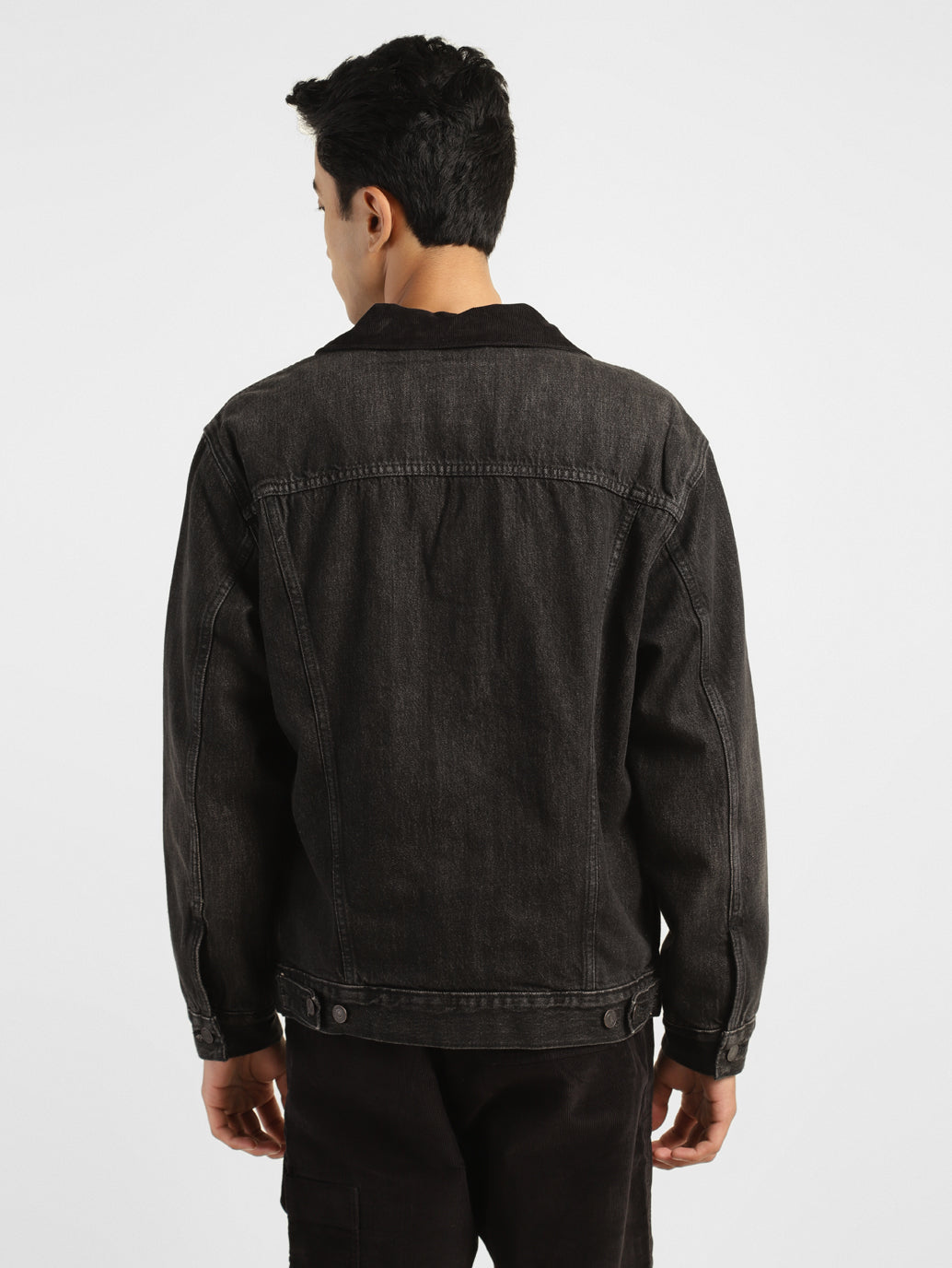 Men's Solid Black Collar Neck Trucker Jacket - 75d23b94-1278-4561-afe7-61eb6efc3687 View