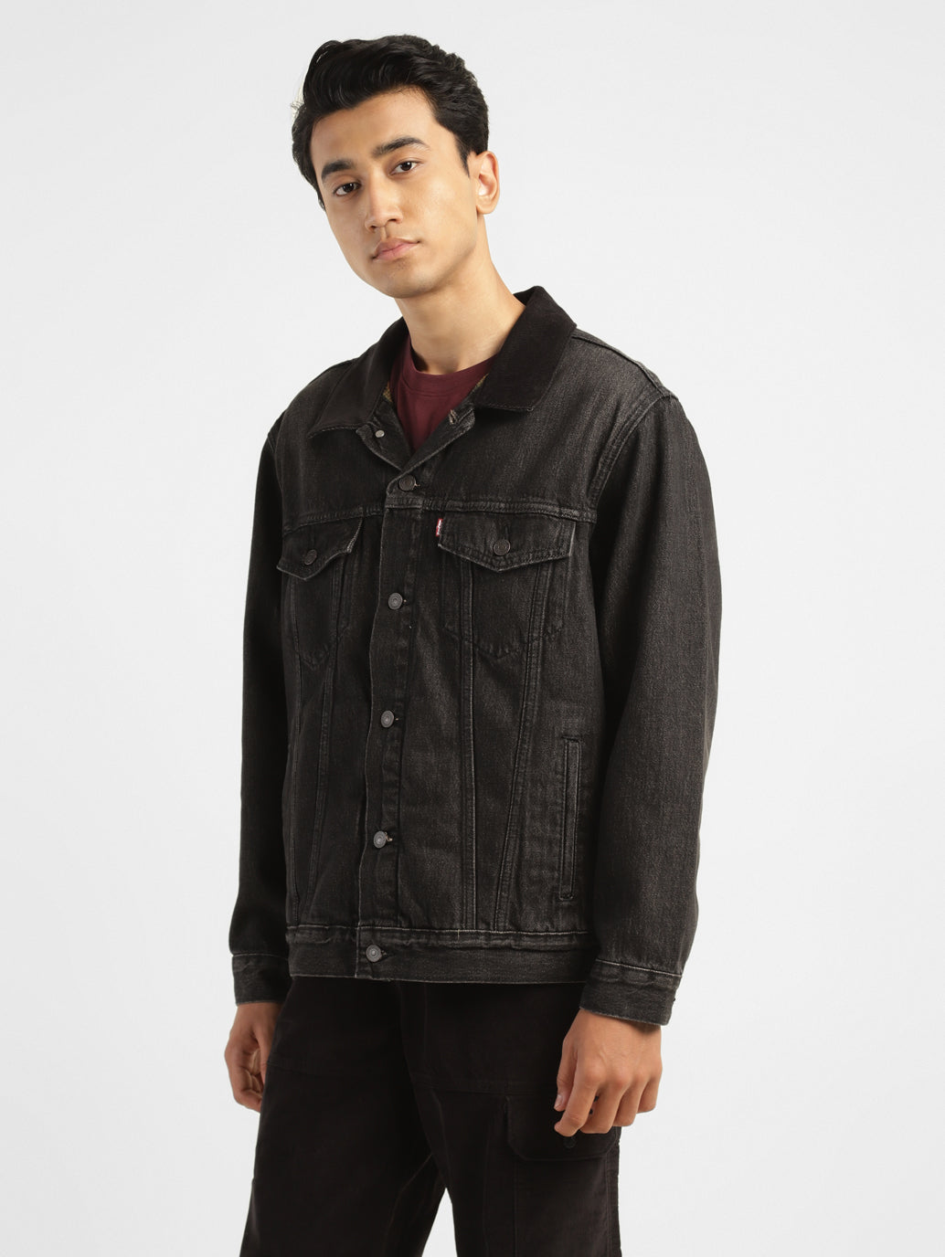 Men's Solid Black Collar Neck Trucker Jacket - 3547b453-3c7a-4598-b3cf-7a9bb90f0cda View