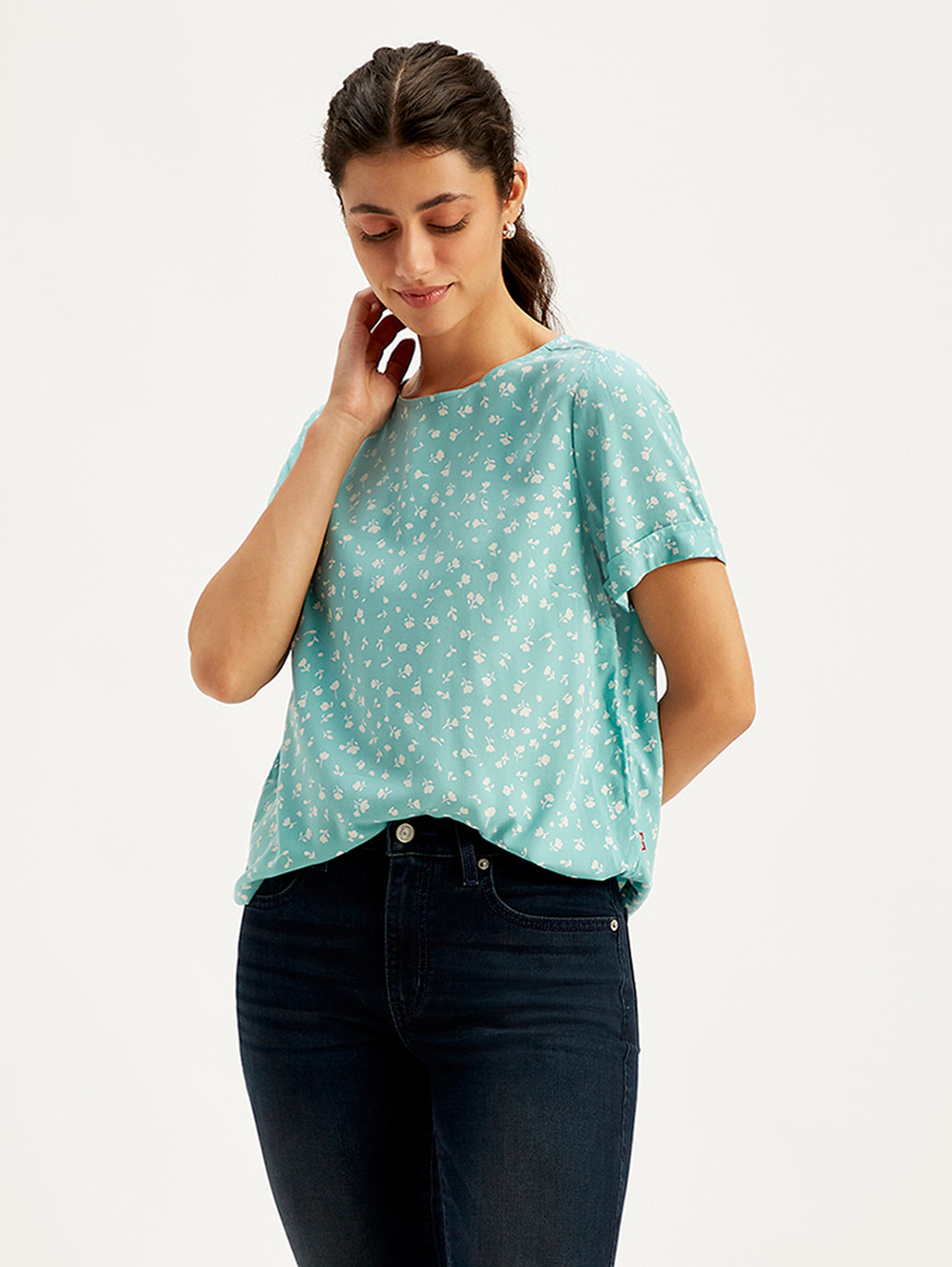 Women's Floral Print Light-Blue Round Neck Top - 3a1ce21d-203d-43bd-a4a7-e8d26419b2a1 View