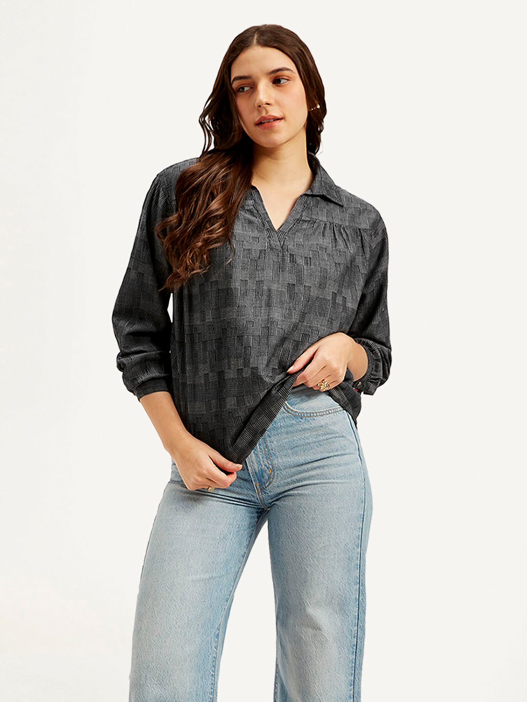 Women's Abstract Charcoal Grey Spread Collar Top - Styleshot View