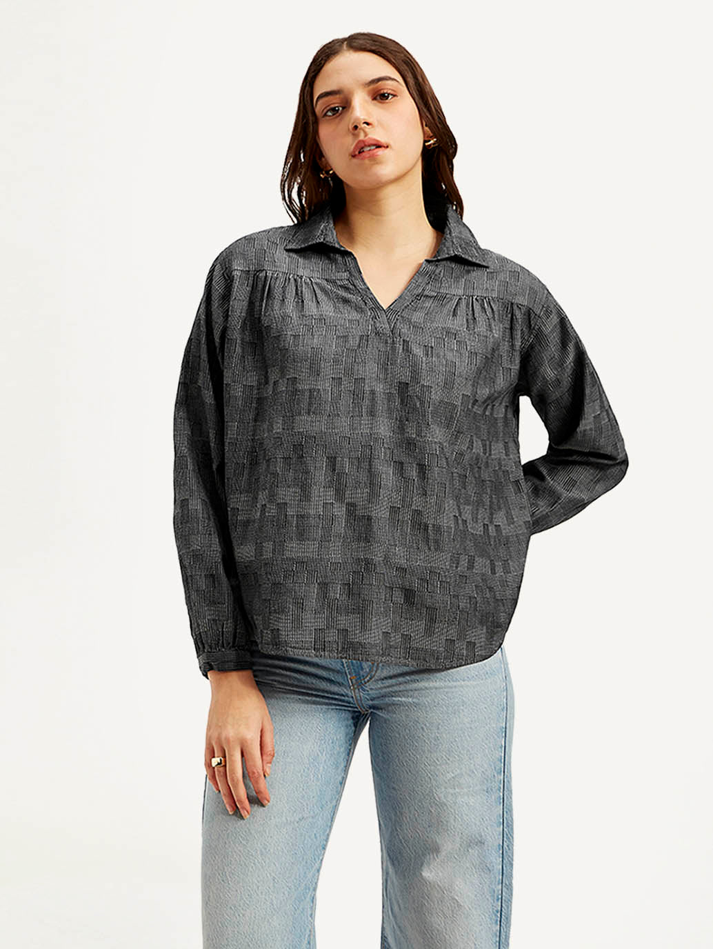 Women's Abstract Charcoal Grey Spread Collar Top - Front View