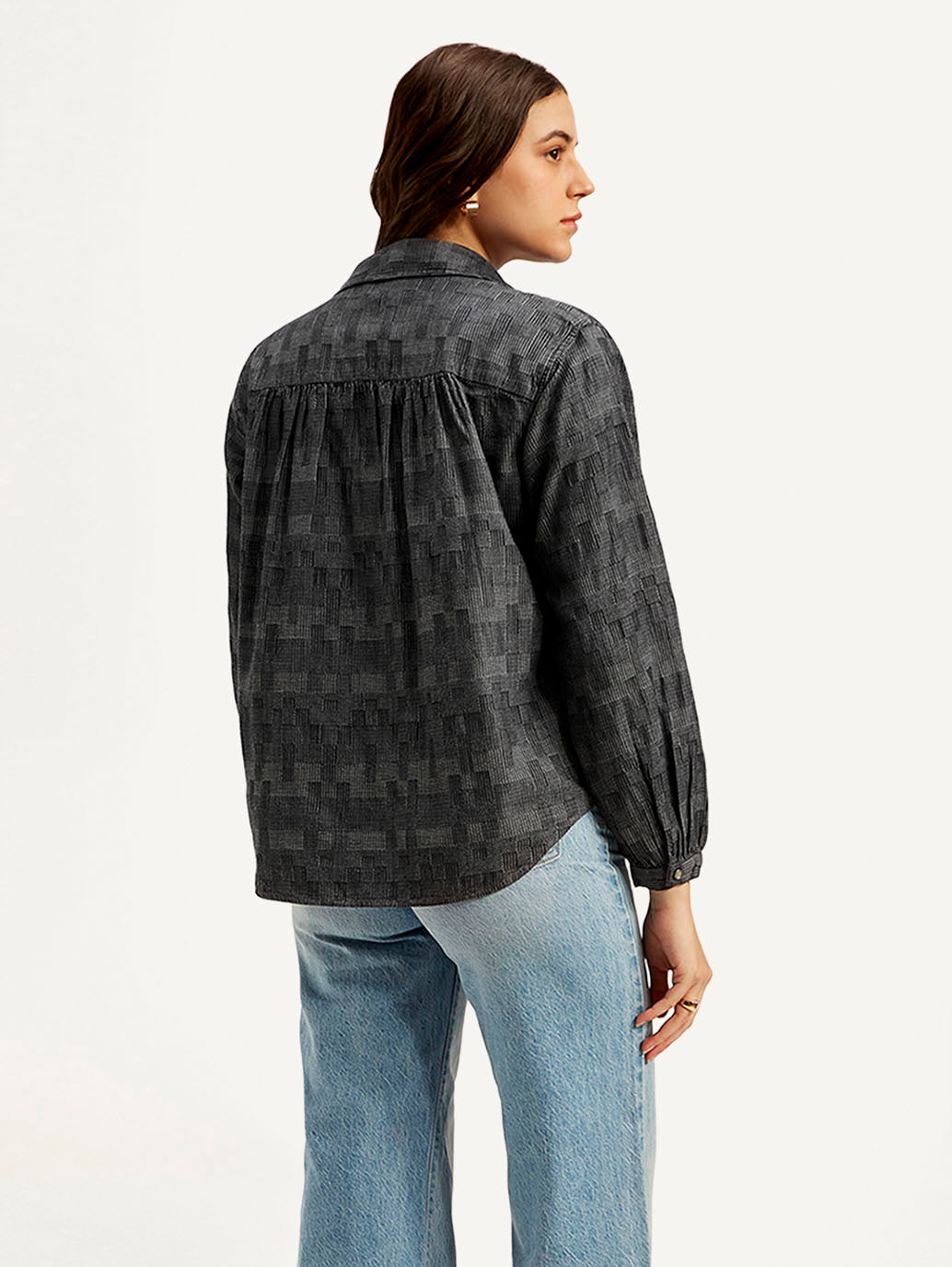 Women's Abstract Charcoal Grey Spread Collar Top - Back View
