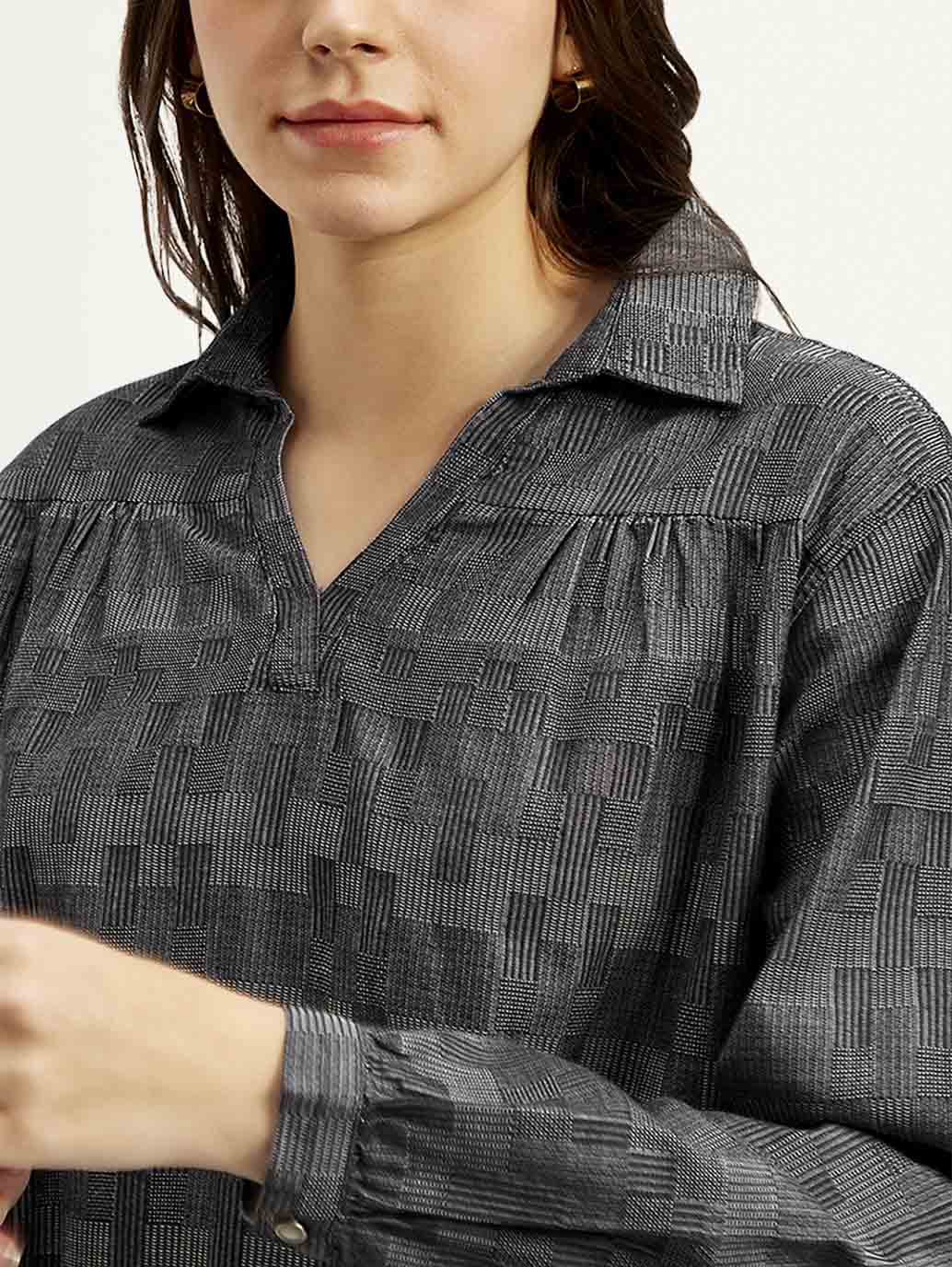 Women's Abstract Charcoal Grey Spread Collar Top - Detail View