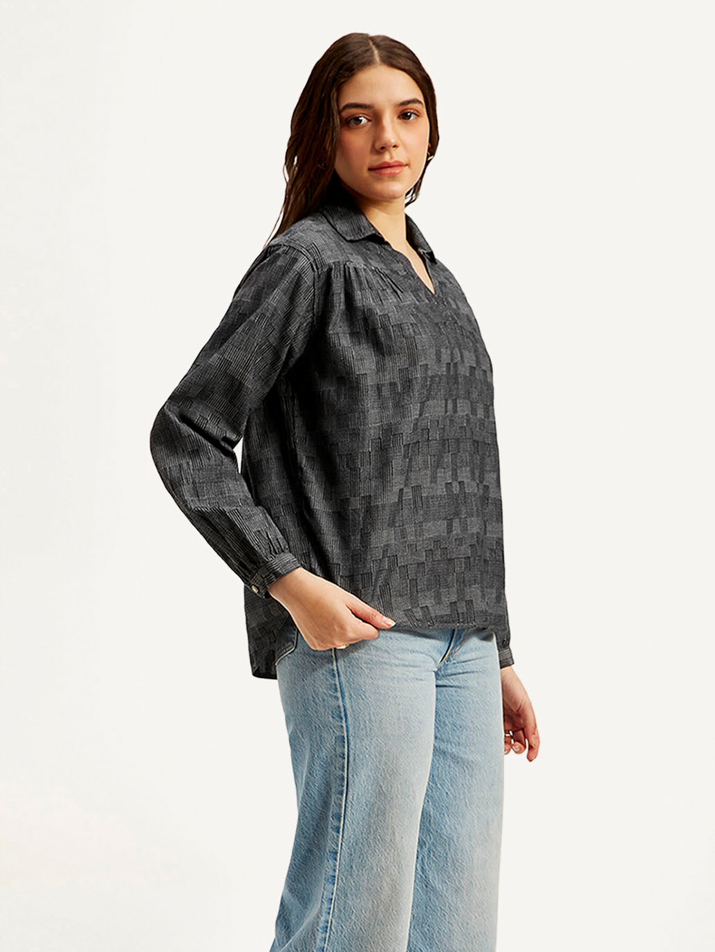 Women's Abstract Charcoal Grey Spread Collar Top - Side View