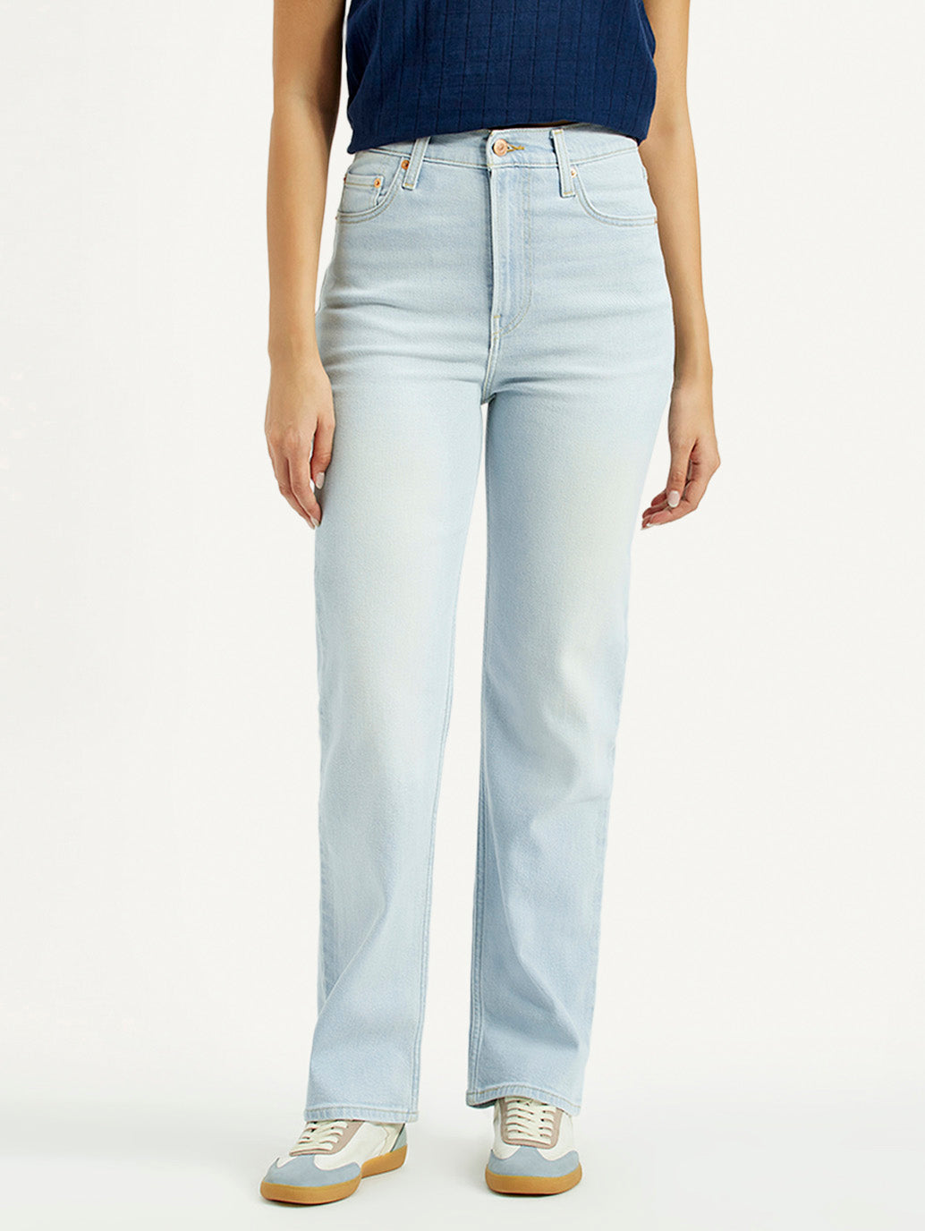 Women's Light Blue Ribcage Straight Fit High Rise Jeans - Front View