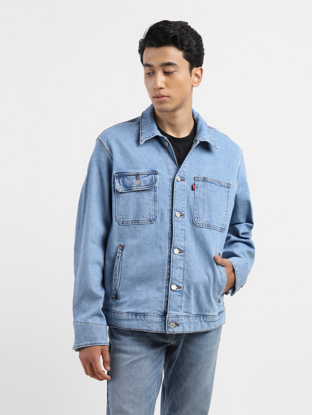 Men's Solid Blue Collar Neck Denim Jacket - d216ec83-8248-461f-90a8-bca6f57b2b99 View