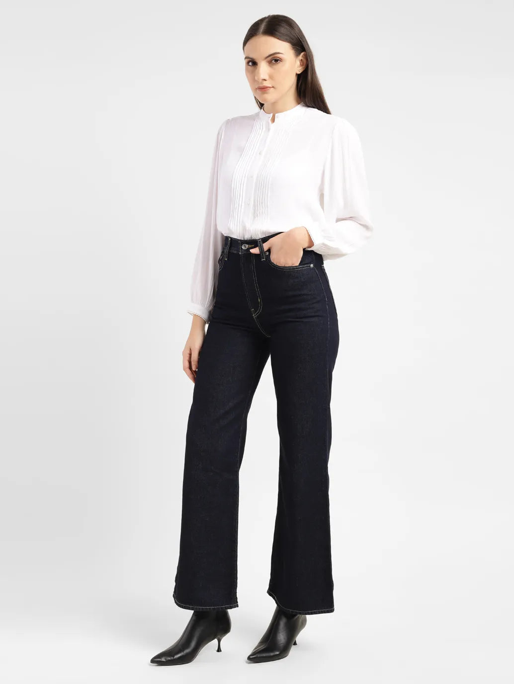 Women's Navy Blue Ribcage Bell Bottom Wide Leg Fit High Rise Jeans - 9202741d-4323-4ded-8556-92ed24fa5322 View