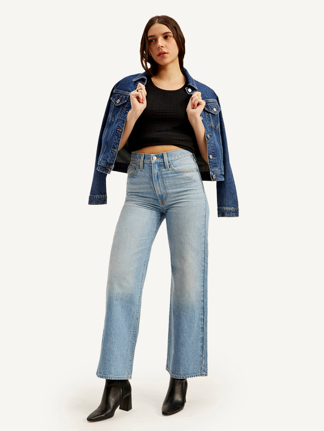 Women's Light Blue Ribcage Bell Bottom Wide Leg Fit High Rise Jeans - Styleshot View
