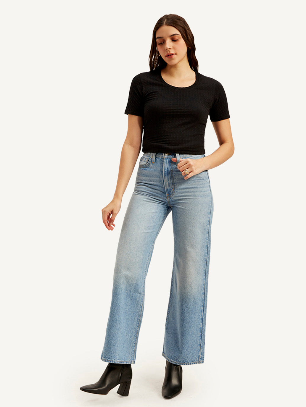 Women's Light Blue Ribcage Bell Bottom Wide Leg Fit High Rise Jeans - Front View
