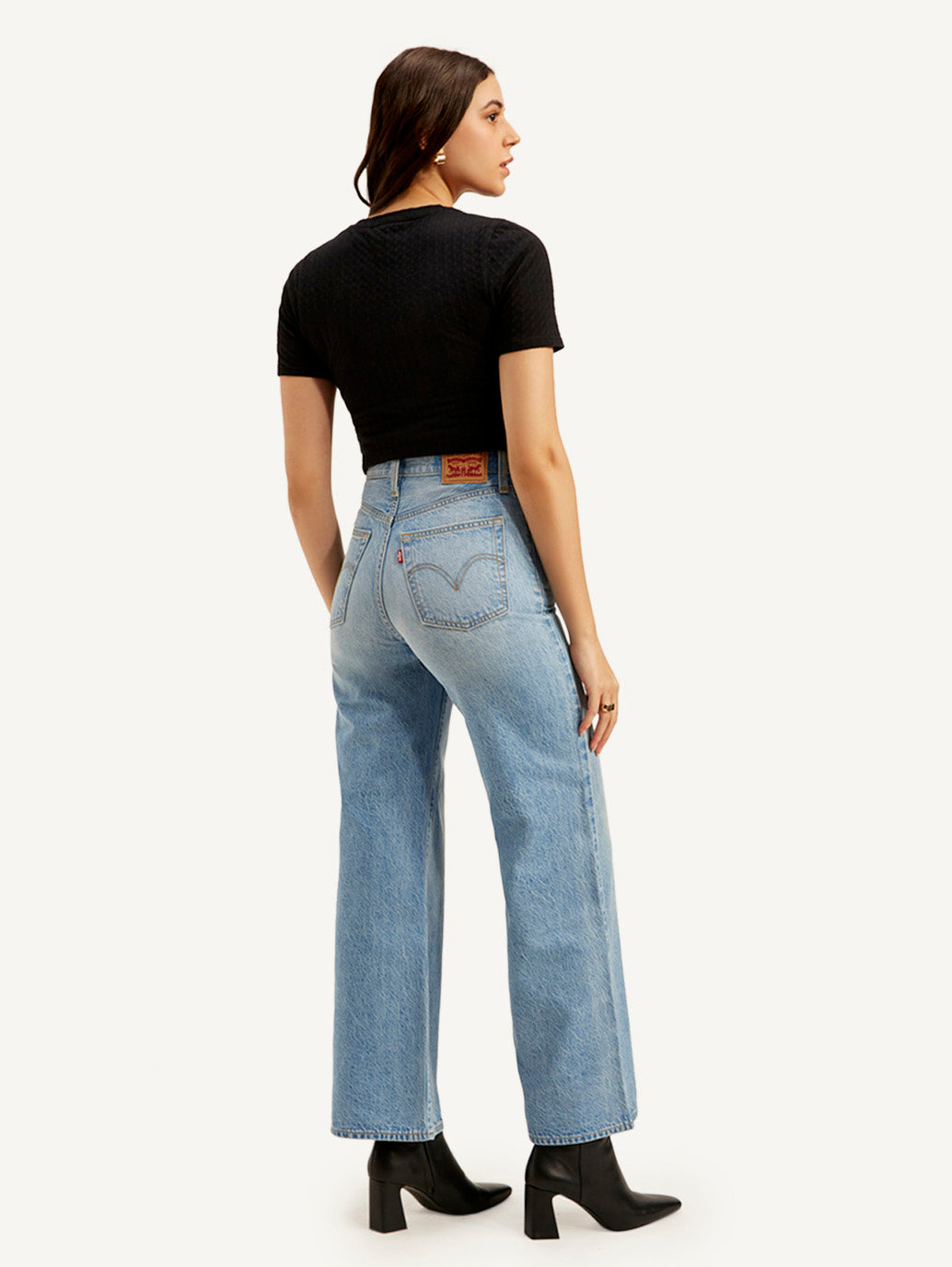 Women's Light Blue Ribcage Bell Bottom Wide Leg Fit High Rise Jeans - Back View