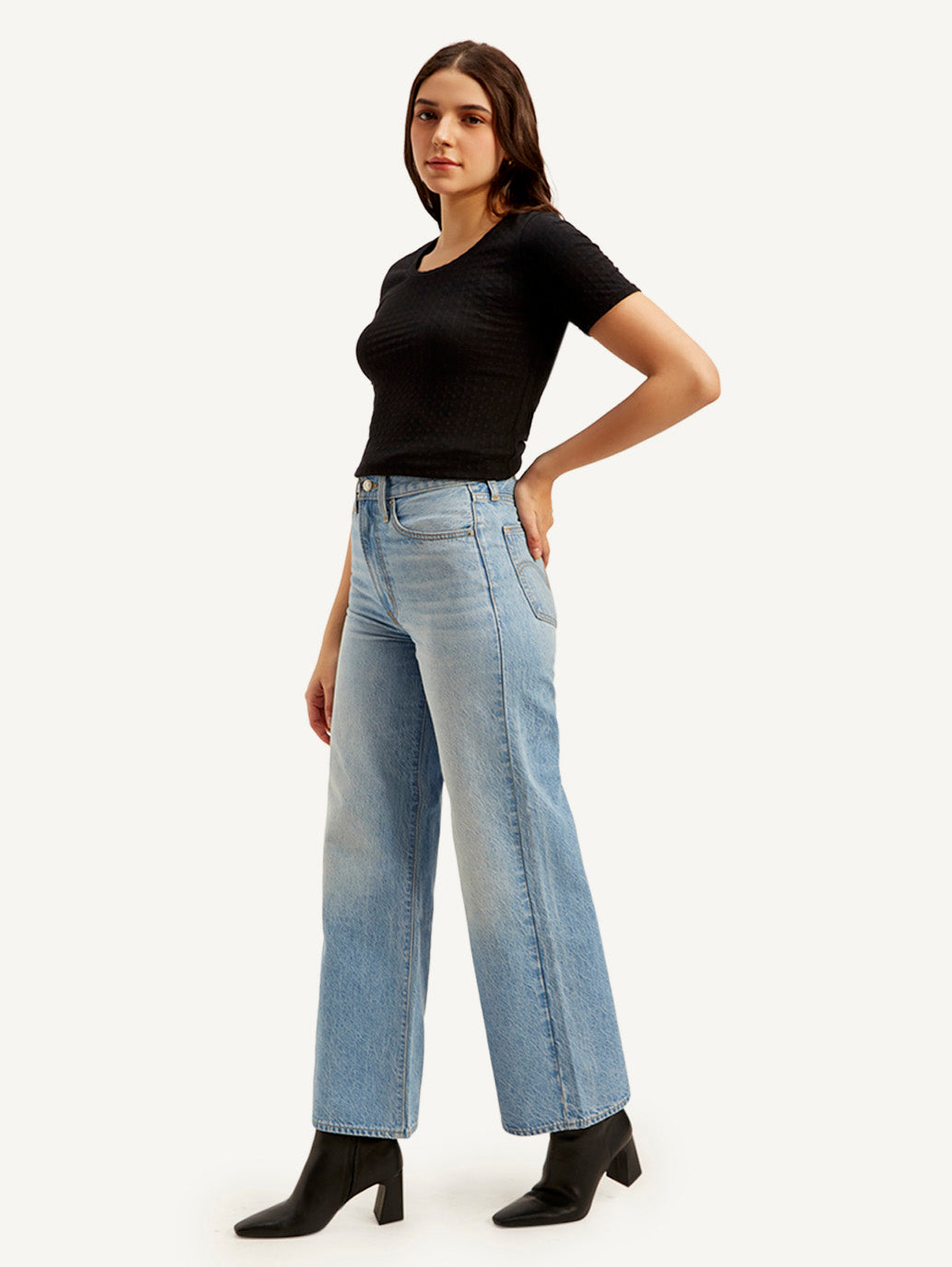 Women's Light Blue Ribcage Bell Bottom Wide Leg Fit High Rise Jeans - Side View