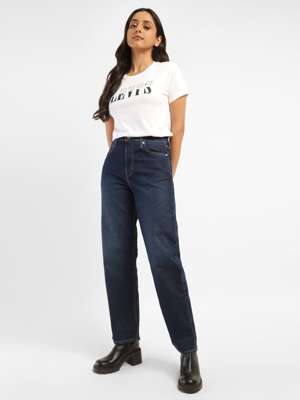 Women's Blue Ribcage Straight Fit High Rise Jeans - 59360fd8-242a-4d3d-89d6-2423c8c2196d View