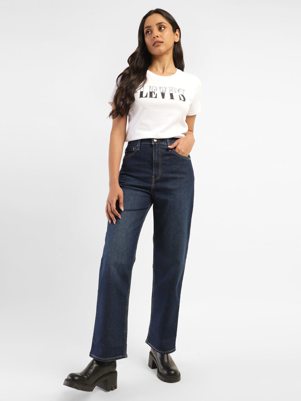 Women's Blue Ribcage Straight Fit High Rise Jeans - ModelFront View