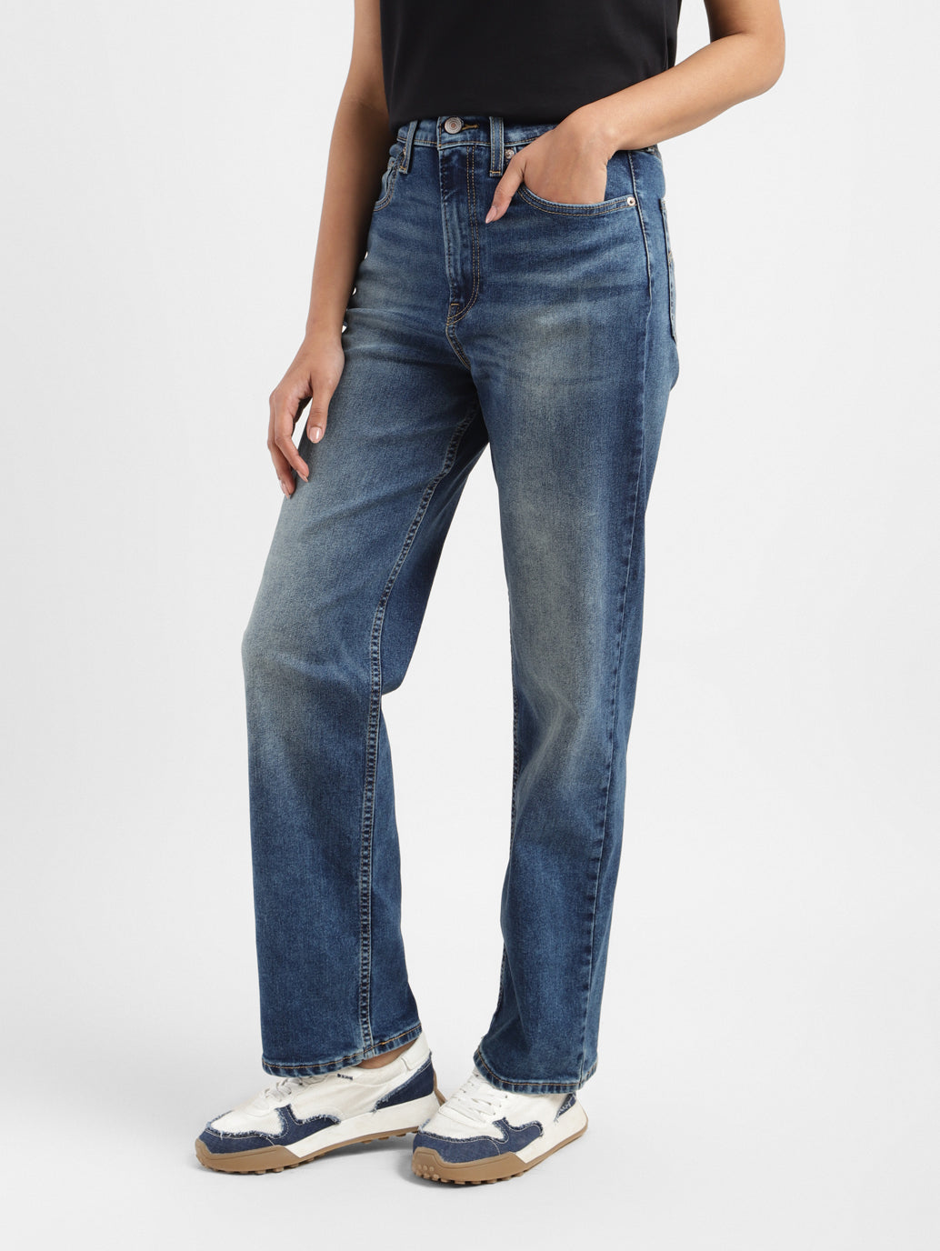 Women's Blue Ribcage Straight Fit Mid Rise Jeans - 4a0334fc-b7f0-4e67-907d-98b0006e3bf2 View