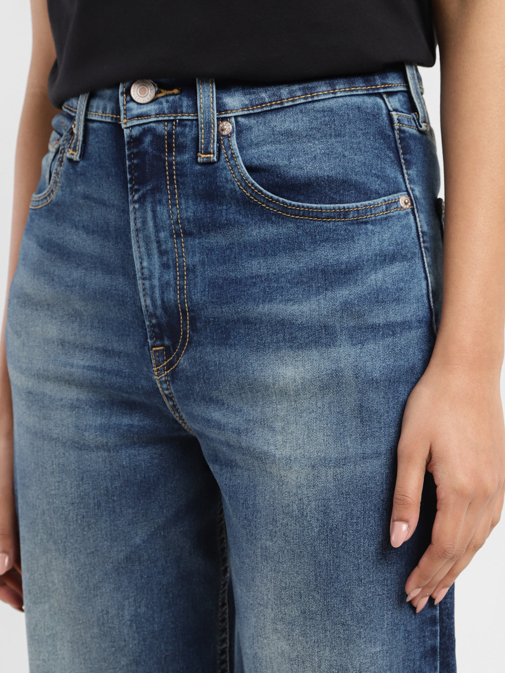 Women's Blue Ribcage Straight Fit Mid Rise Jeans - FrontDetails View
