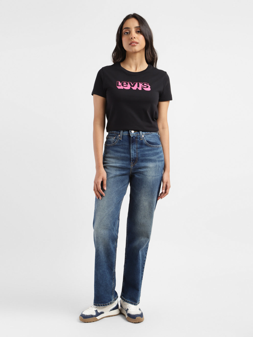 Women's Blue Ribcage Straight Fit Mid Rise Jeans - ModelFront View