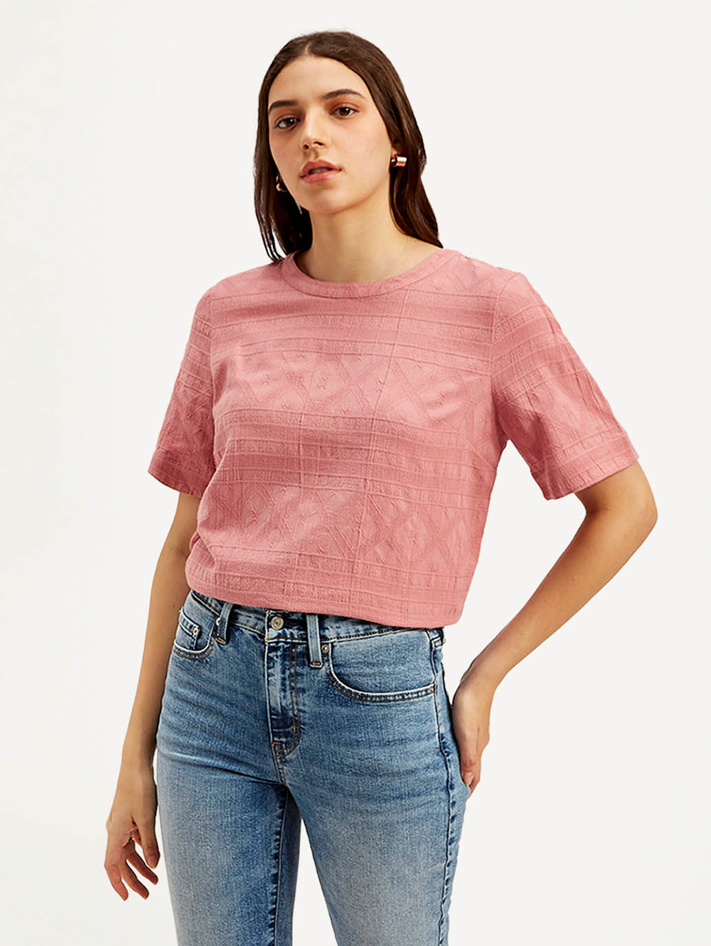 Women's Textured Pink Round Neck Top - Styleshot View