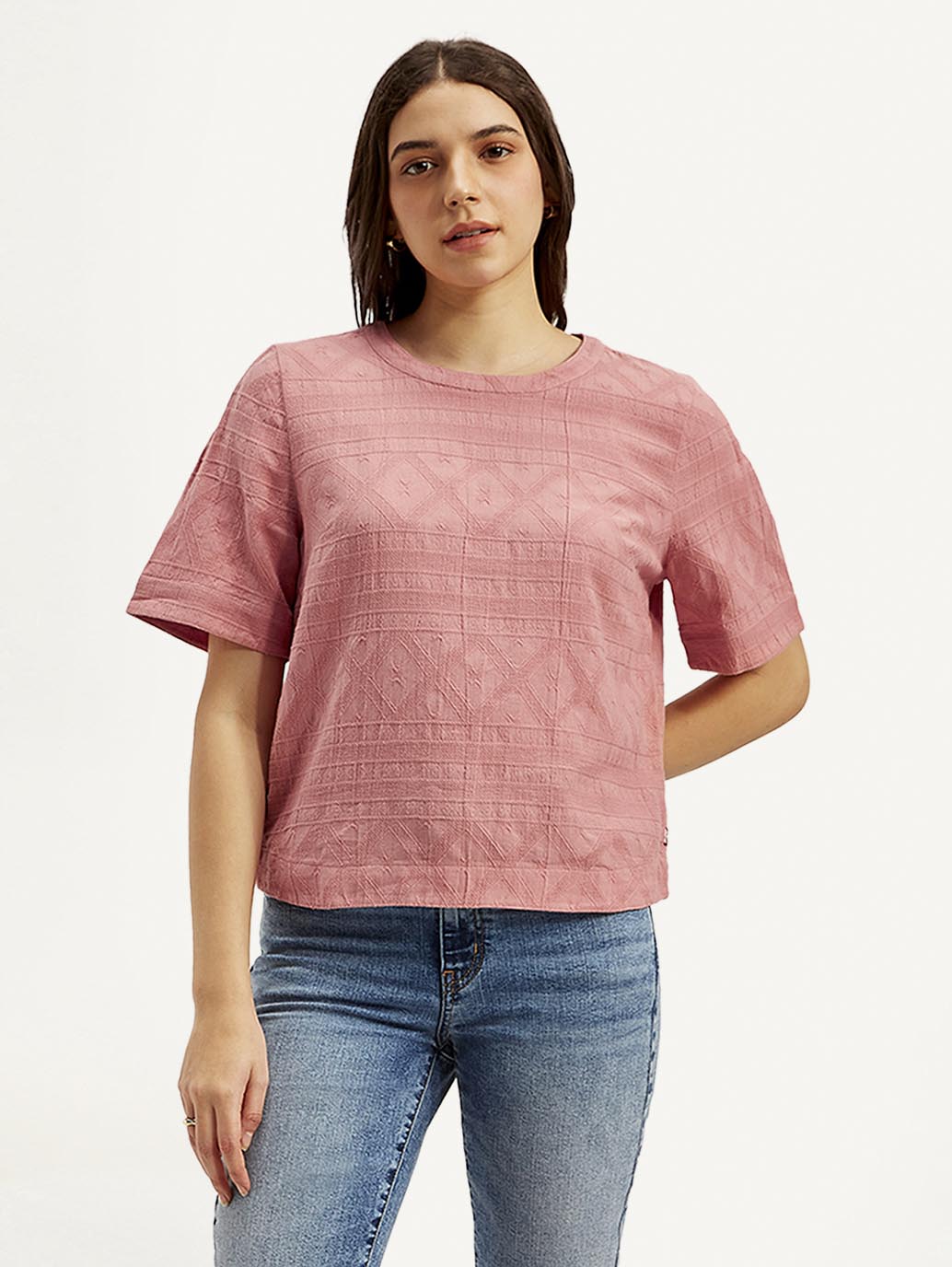 Women's Textured Pink Round Neck Top - Front View