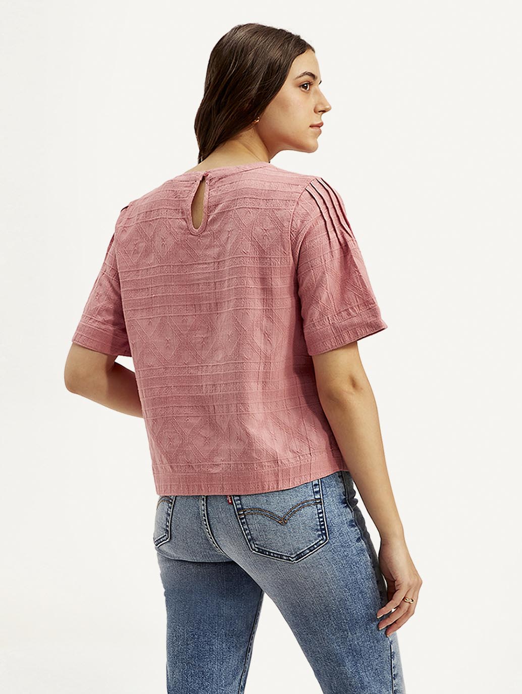 Women's Textured Pink Round Neck Top - Back View