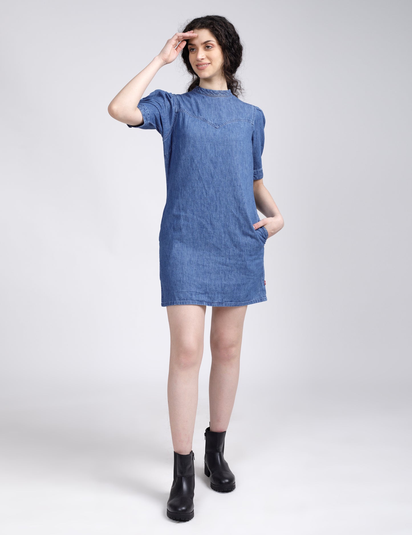 Women's Solid Blue Collar Neck Denim Dress - 7 View