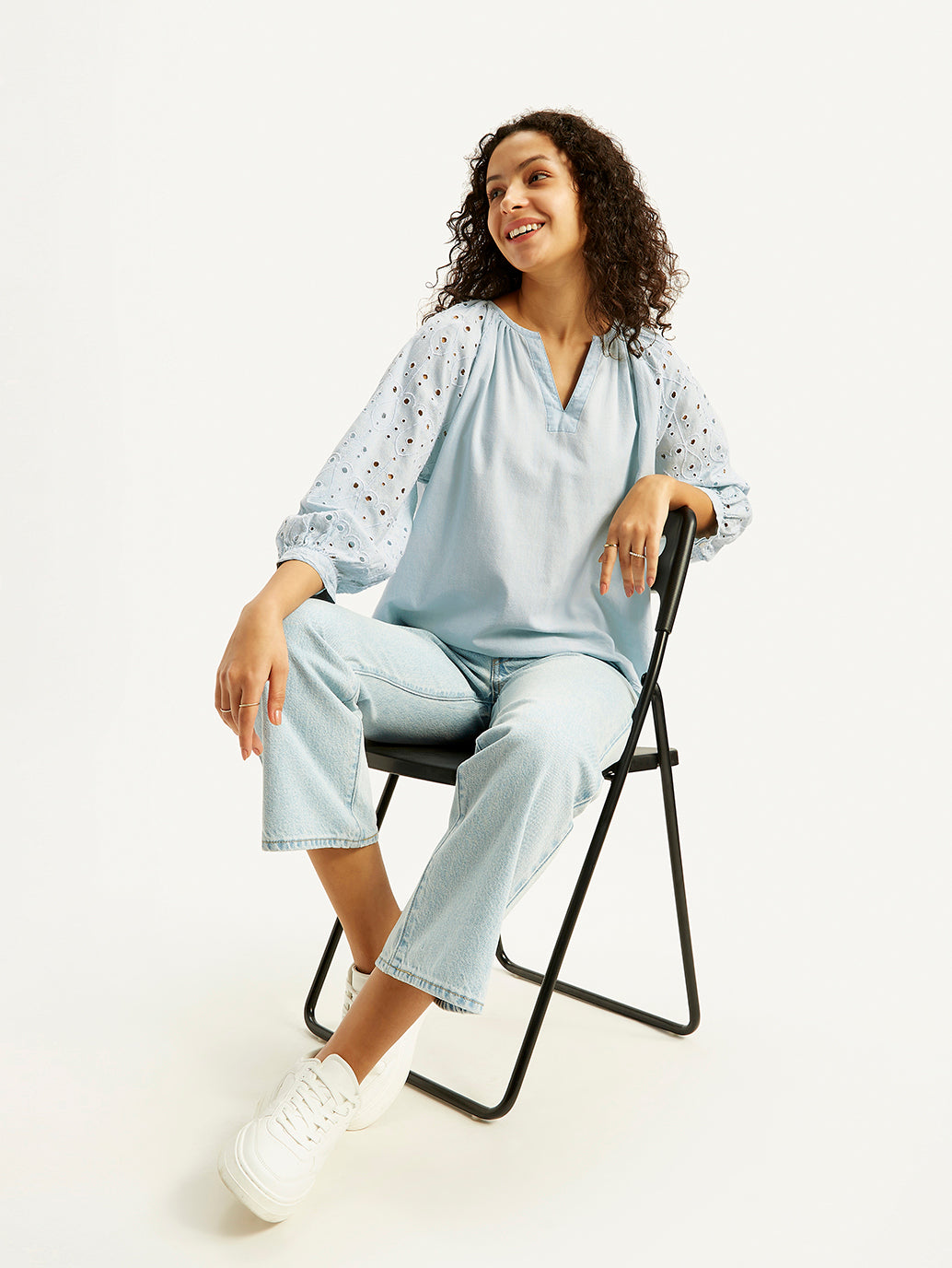 Women's Solid Light-Blue Peasant Top - Elevated View