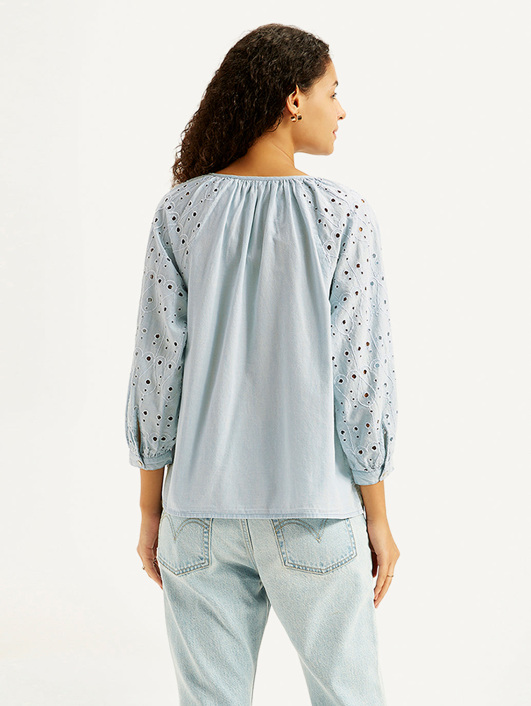 Women's Solid Light-Blue Peasant Top - Back View