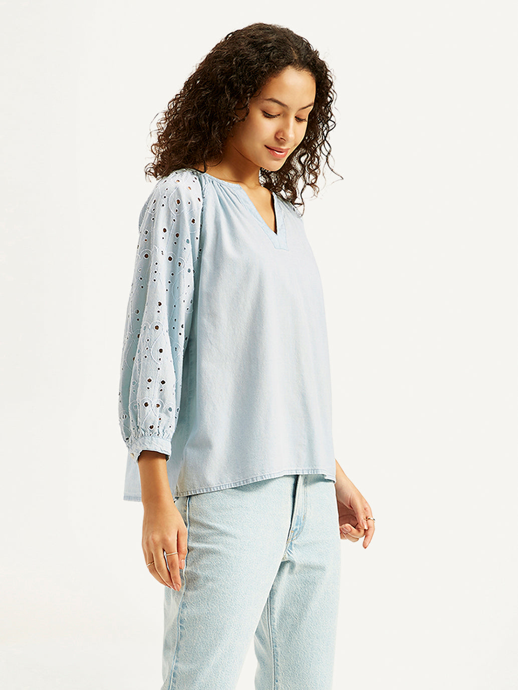 Women's Solid Light-Blue Peasant Top - Side View