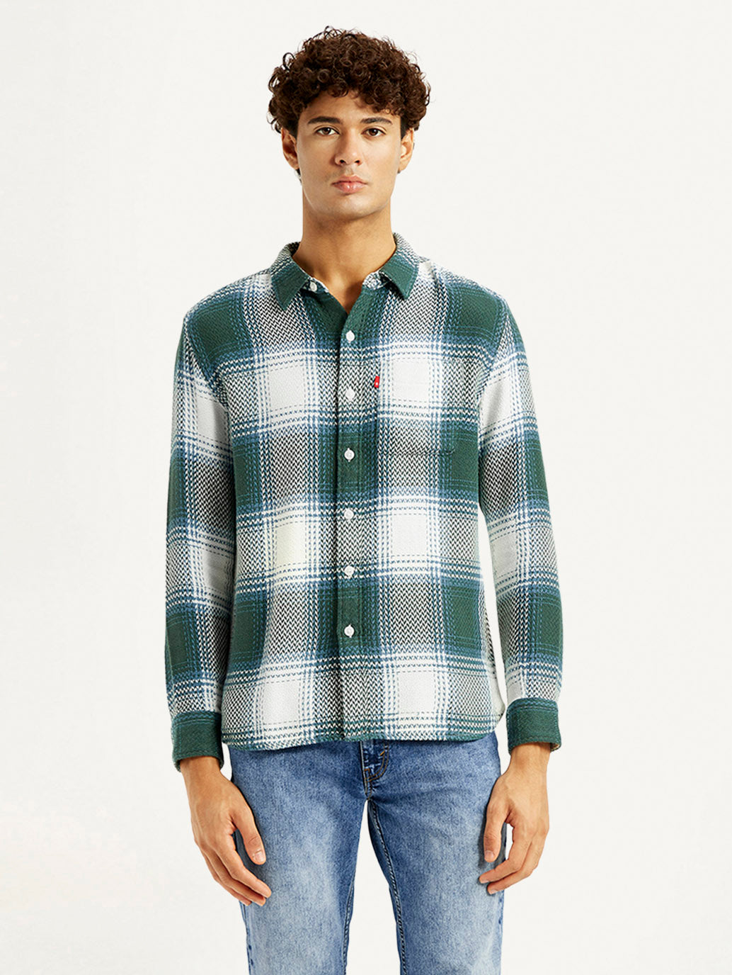 Men's Textured Green Slim Fit Shirt - Front View