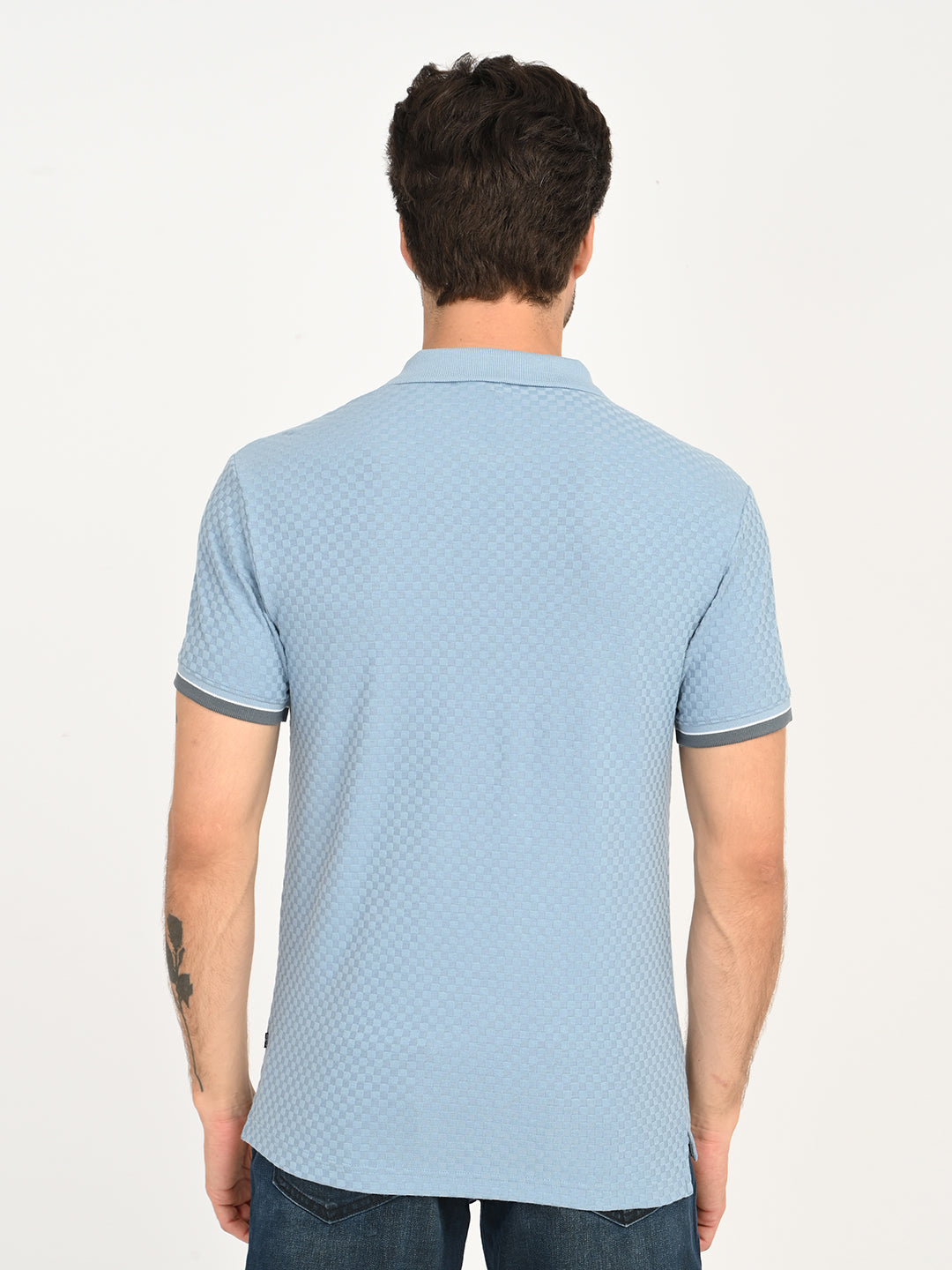 Men's Solid Light Blue Slim Fit Polo T-shirt - back View