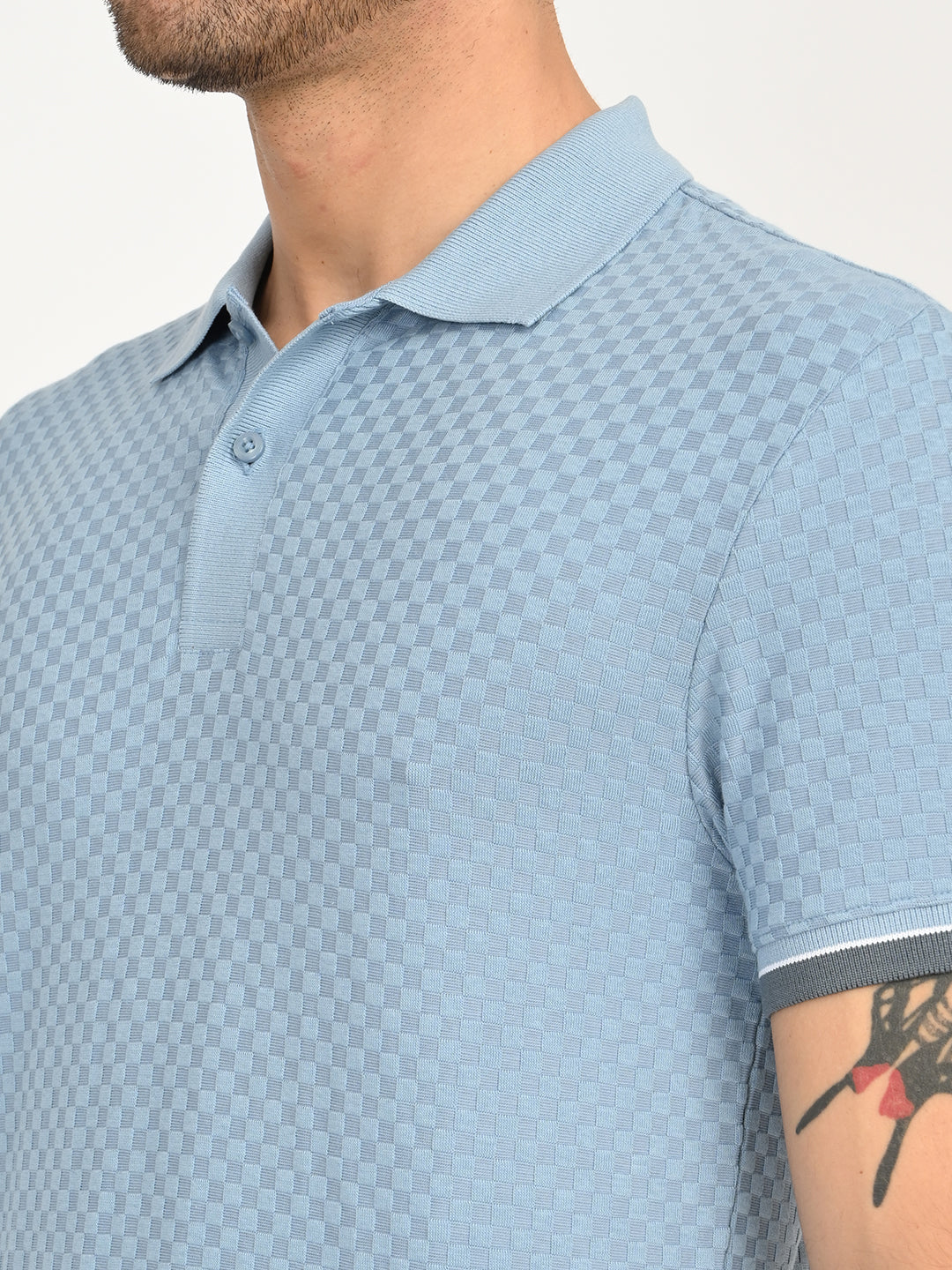 Men's Solid Light Blue Slim Fit Polo T-shirt - deatil View