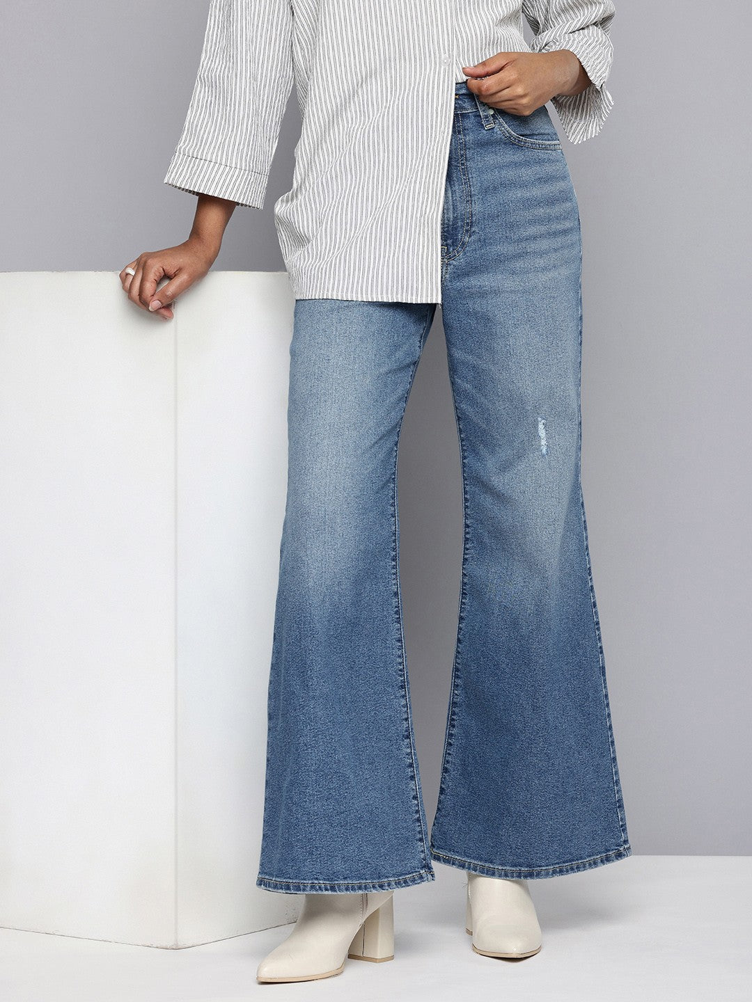 Women's Blue Ribcage Bell Bottom Wide Leg Fit High Rise Jeans - 1 View