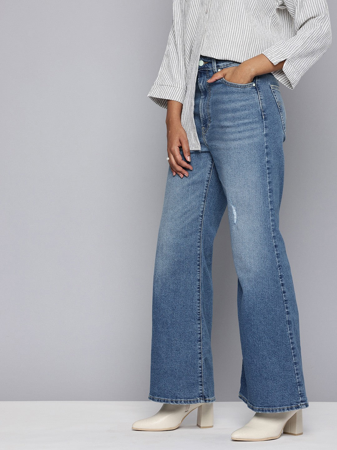 Women's Blue Ribcage Bell Bottom Wide Leg Fit High Rise Jeans - 2 View