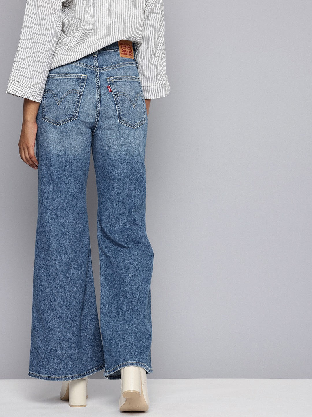 Women's Blue Ribcage Bell Bottom Wide Leg Fit High Rise Jeans - 3 View