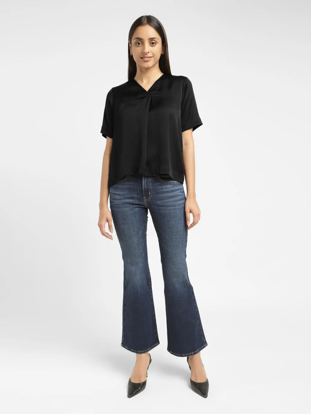 Women's Solid Black V Neck Top - a62dfe3c-0f87-4f8a-9223-60730557fb53 View