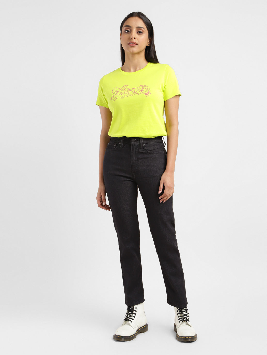 Women's Black Wedgie Straight Fit Mid Rise Jeans - ModelFront View