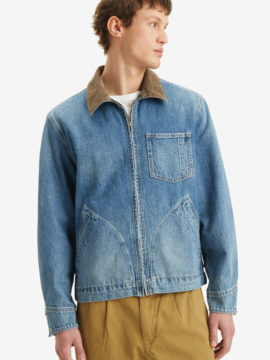 Men's Solid Blue Spread Collar Denim Jacket - Styleshot View