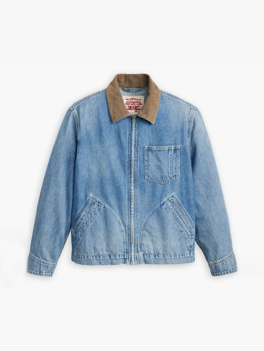 Men's Solid Blue Spread Collar Denim Jacket - Flatlay View