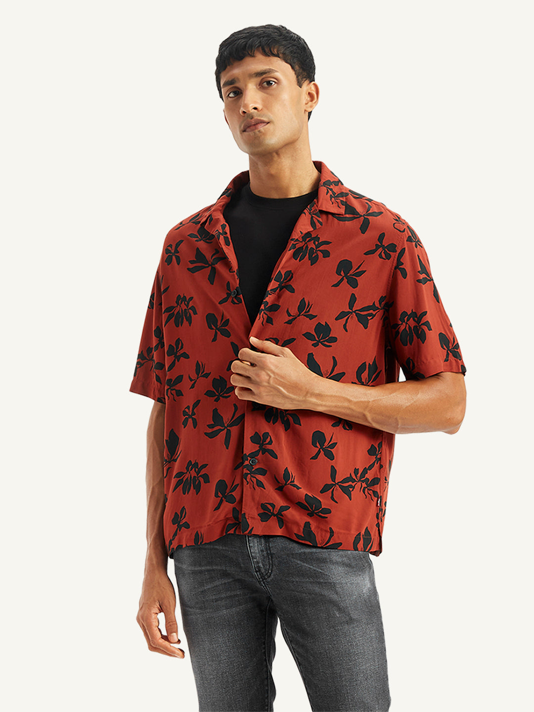 Men's Floral Print Relaxed Fit Camp Shirt - Styleshot View