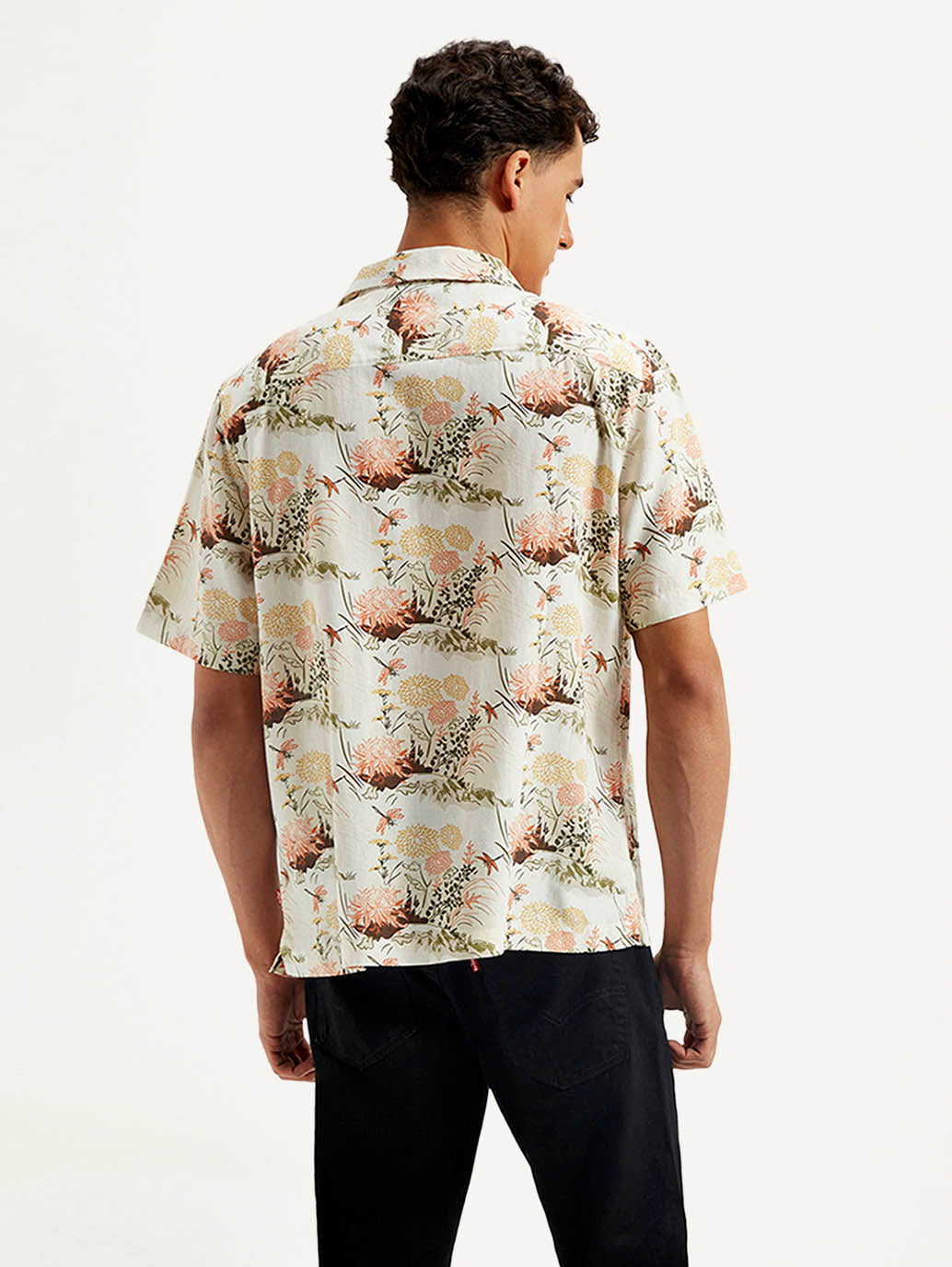 Men's Resort Collar Floral Relaxed Fit Linen Shirt - Back View