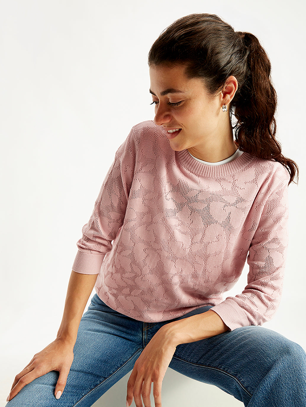 Women's Self Design Light Pink Crew Neck Sweater - Elevated View