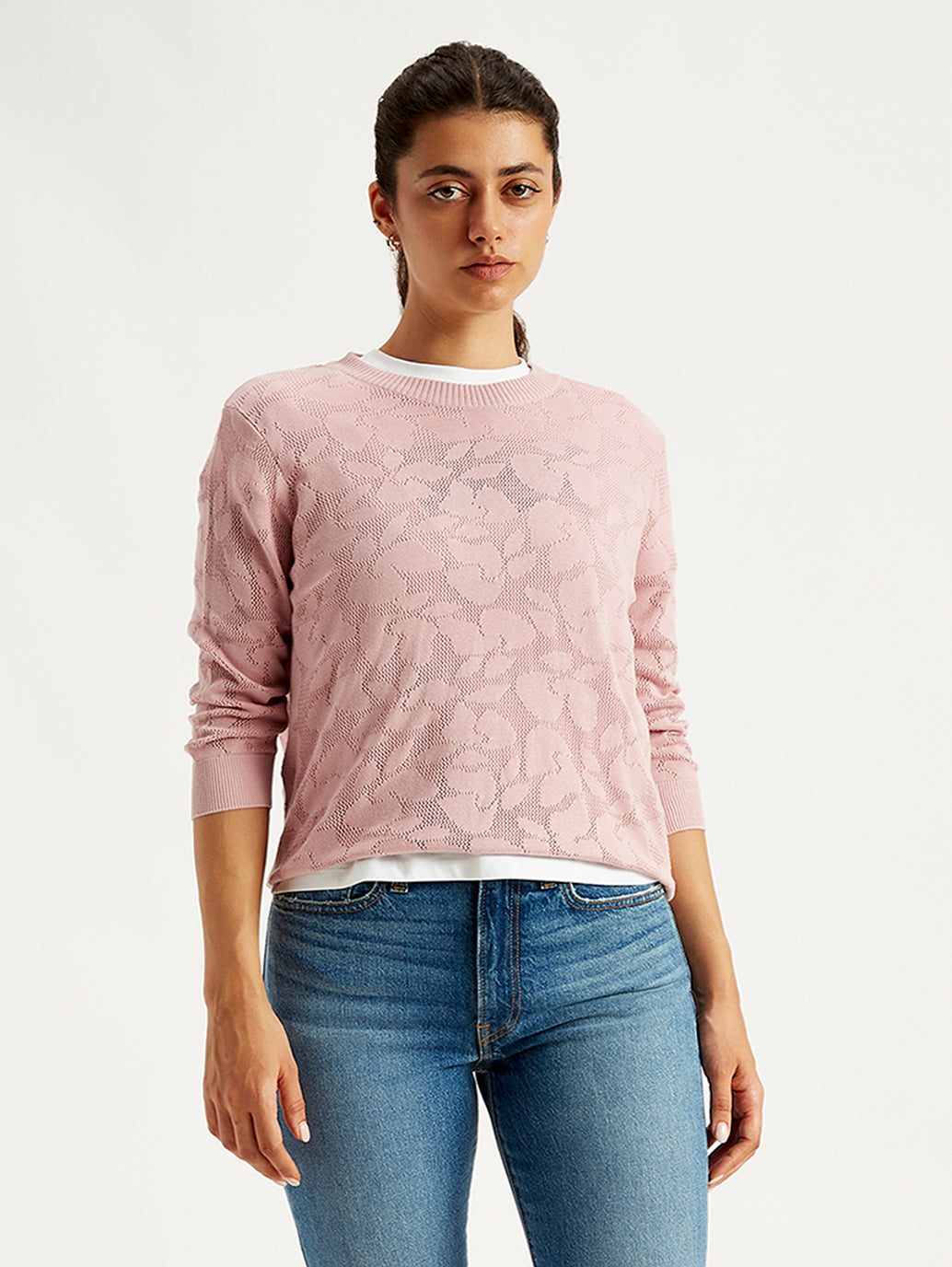 Women's Self Design Light Pink Crew Neck Sweater - Front View