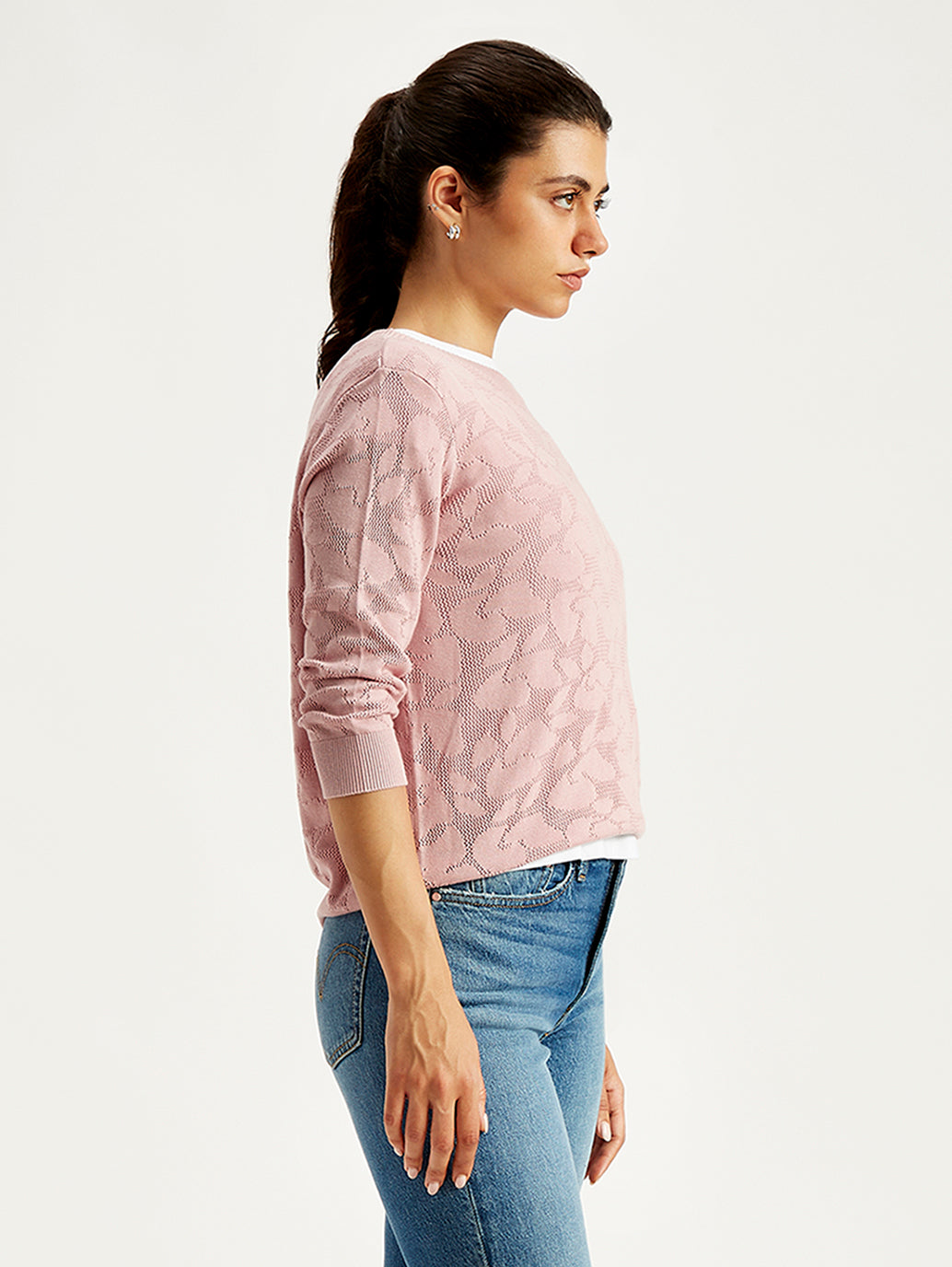 Women's Self Design Light Pink Crew Neck Sweater - Side View