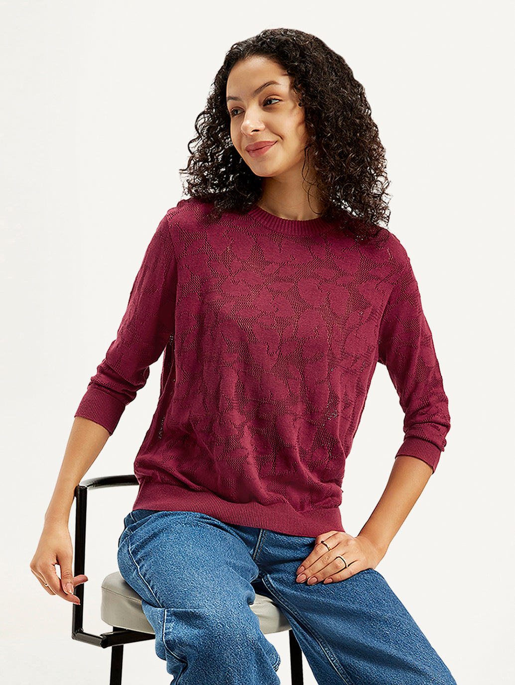 Women's Self Design Maroon Crew Neck Sweater - Styleshot View
