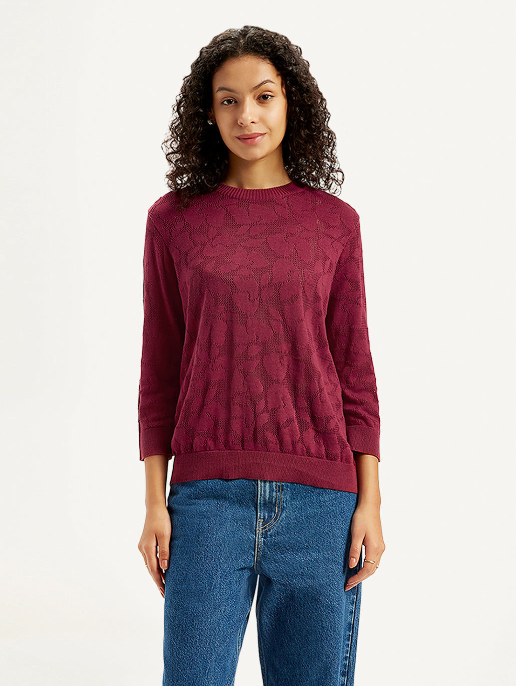 Women's Self Design Maroon Crew Neck Sweater - Front View