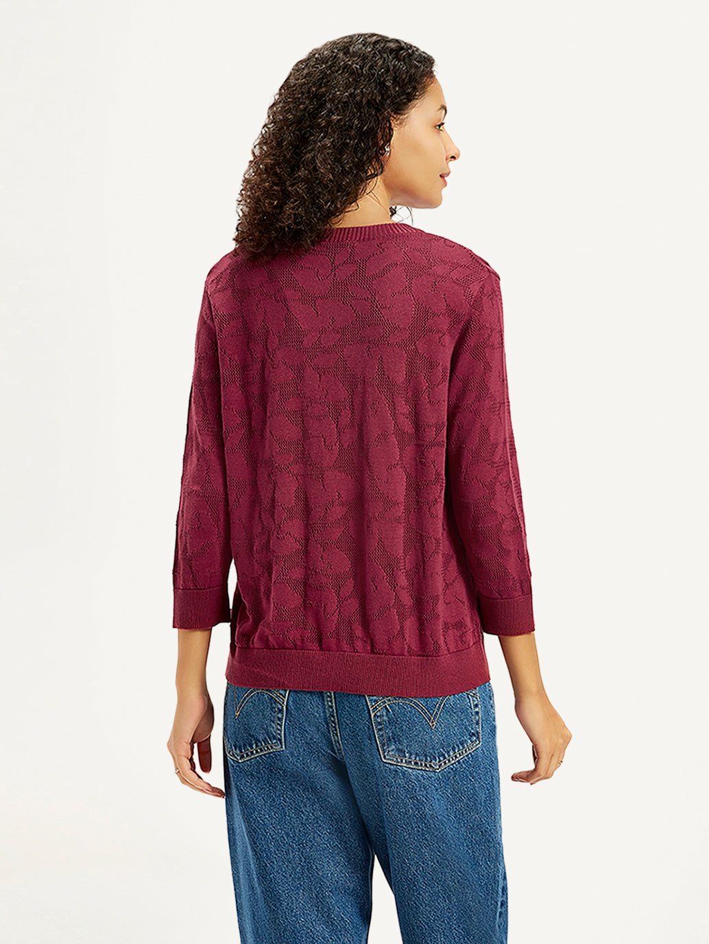 Women's Self Design Maroon Crew Neck Sweater - Back View