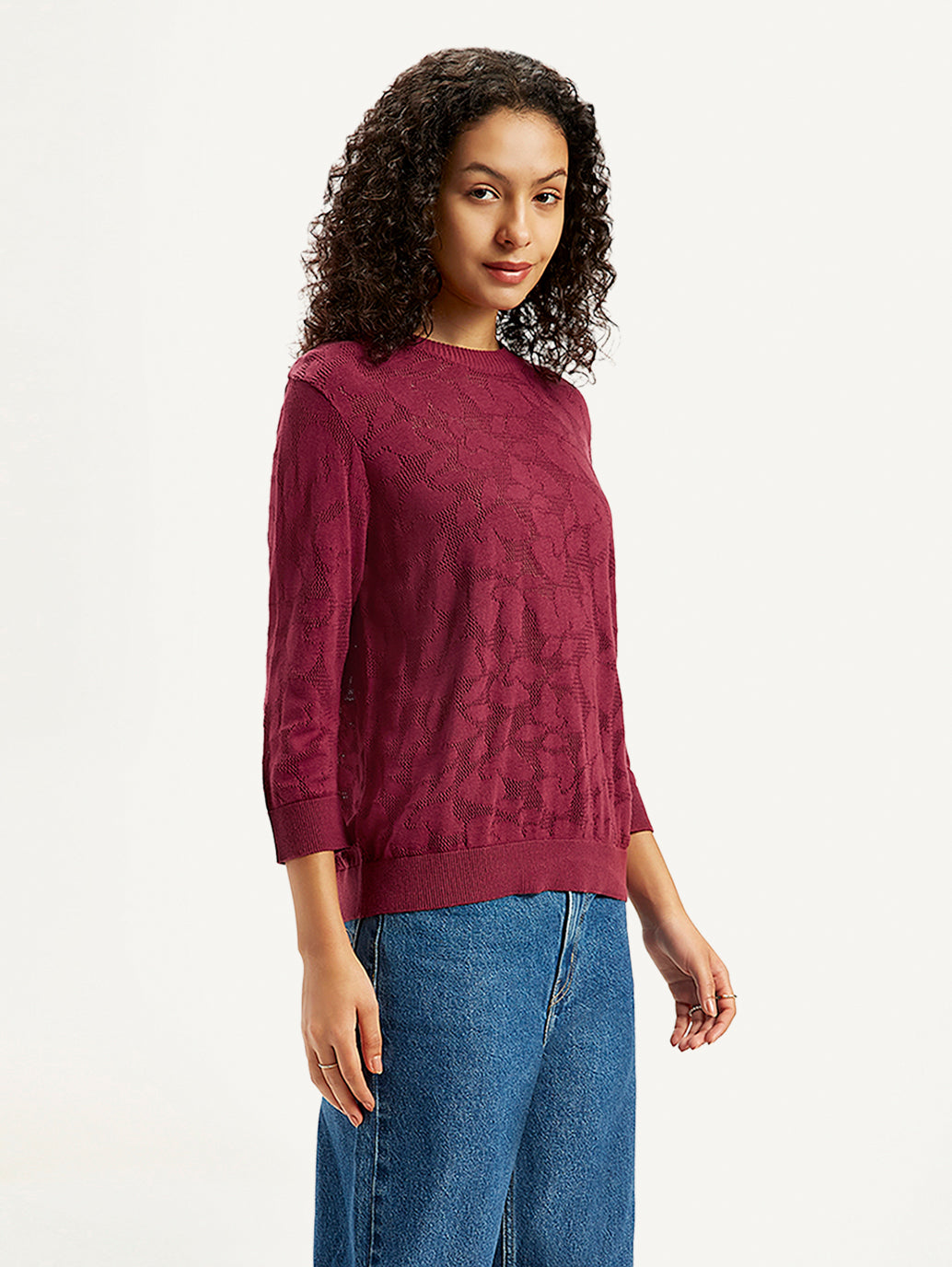 Women's Self Design Maroon Crew Neck Sweater - Side View
