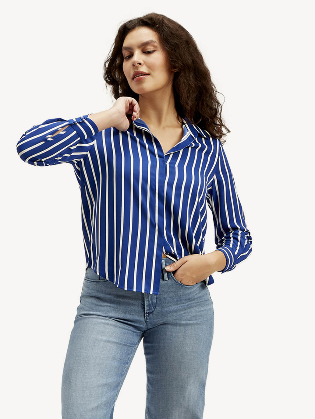 Women's Striped Spread Collar Shirt - Styleshot View