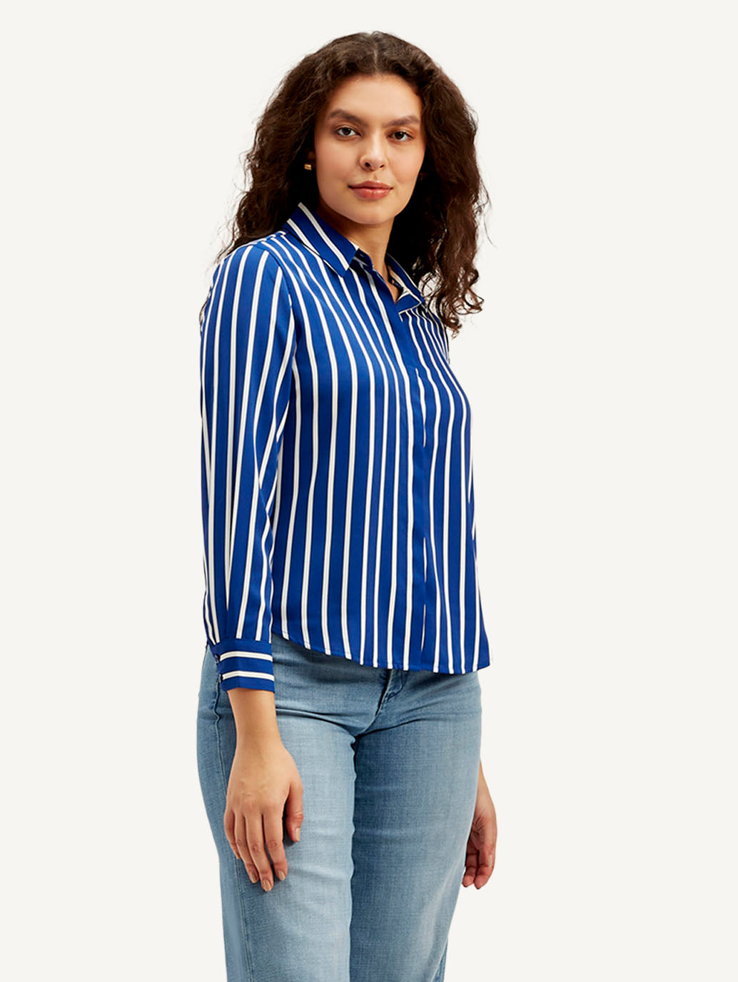 Women's Striped Spread Collar Shirt - Side View